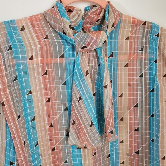 80s 90s Vintage Liz Baker Chiffon Stripe Mockneck Long Sleeve Top size 12 - Picture 3 of 9